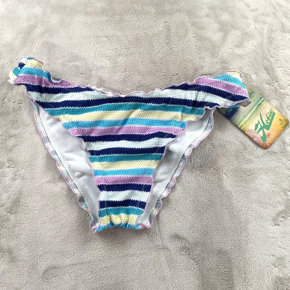 Hobie Womens Striped Crinkle Ruched Back Bikini Bottom Blue Purple Yellow S NEW